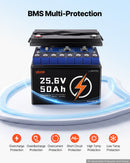 VEVOR Batterie Lithium LiFePO4 24 V 50 Ah 4000+ Cycles BMS 50 A Bluetooth pour Camping-cars, Moteurs de Pêche Traîne, Systèmes Solaires, Connexion 8P2S, 1280 Wh, Protection contre Basses Températures - image 7