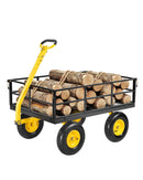 VEVOR Chariot de Jardin Transport, Charge 544,31 kg, Chariot Utilitaire Robuste Tractable Extérieur Métal 2 en 1 Pneus Tout-terrain 330 mm, Côtés Amovibles en Maille, Poignée Rotative 180°, Jaune Noir