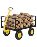 VEVOR Chariot Jardin Acier 635 kg Chariot Transport Robuste Jaune et Noir, pour Fermes, Entrepôts, 2 en 1 Remorque ou Tractable en Métal, avec 4 Pneus Tout-terrain 33 cm, Côtés Amovibles, Poignée 180°